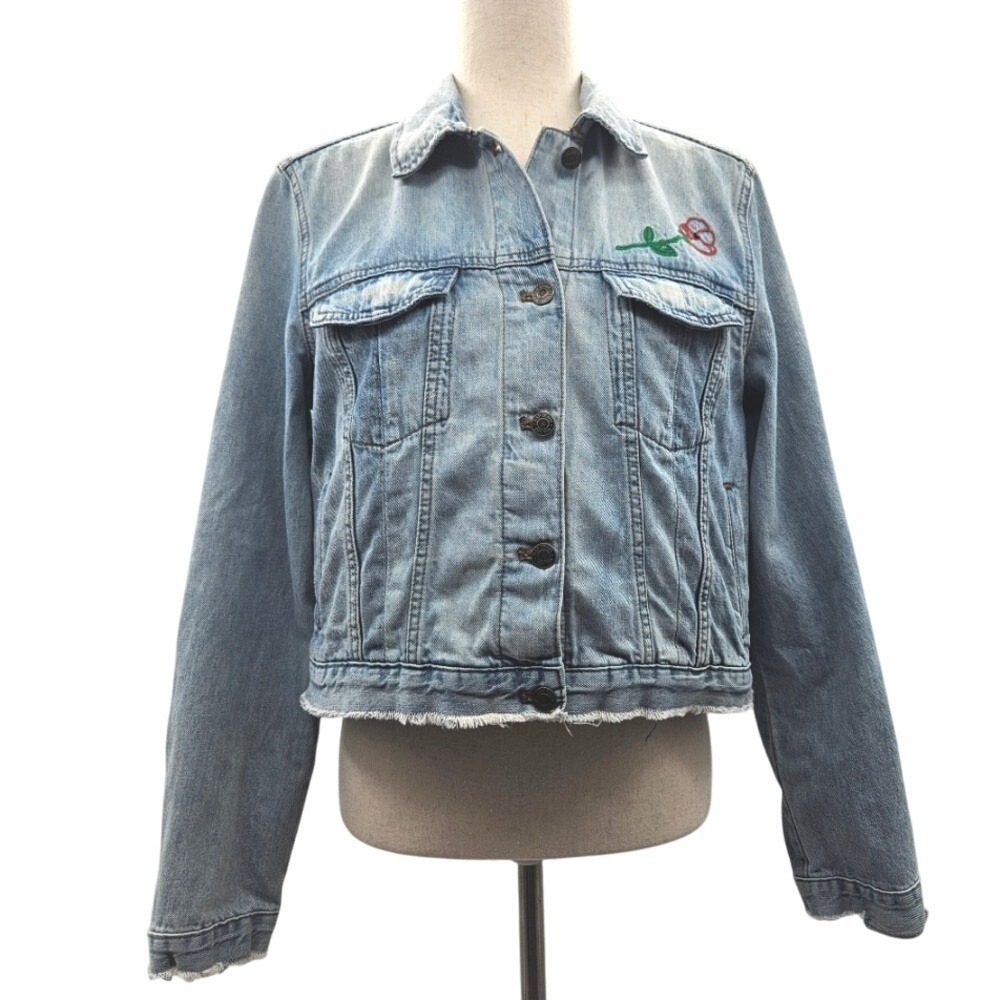 GAP 1969 Denim Jacket Embroidered Rose Light Wash Distressed Size L